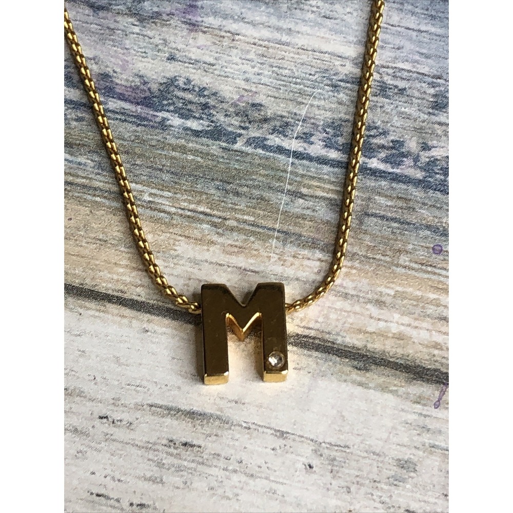 Initial M Necklace Gold Tone‎ 14" Chain Spring Ring Clasp Choker